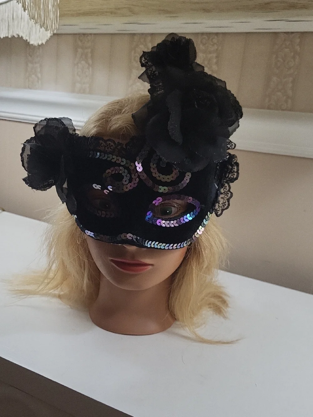 Black Lace & Sequin Masquerade Mask with Floral Accent, One Size - Picture 3 of 7
